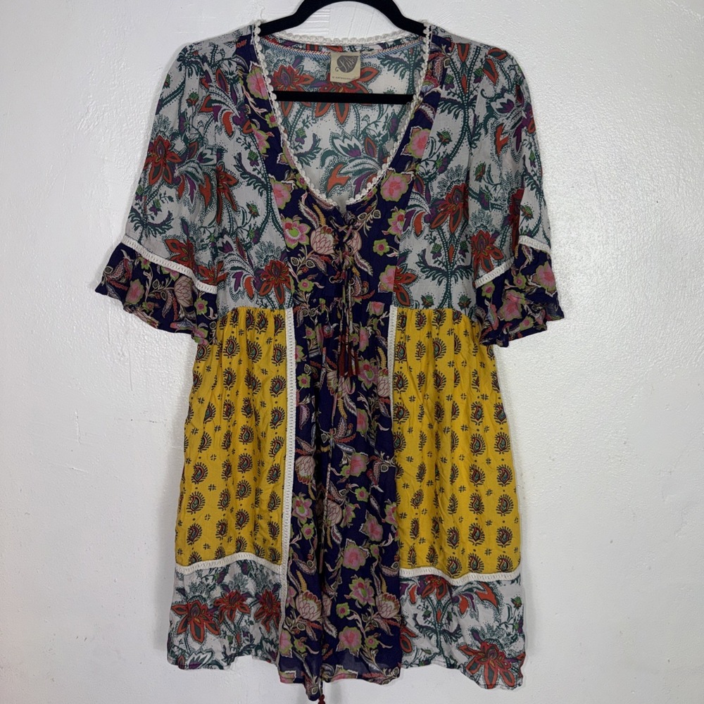 Anthropologie Lilka Yellow & Purple Patchwork Trapeze Beach Dress Size Xs‎ - Picture 3 of 8